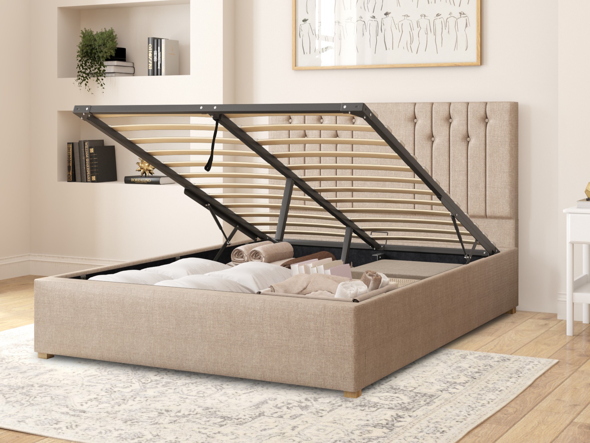 Aspire Harlow Upholstered Ottoman Bed 4ft6 Double Eire Linen - Natural